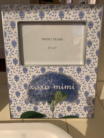 BLUE HYDRANGEA ON PROVINCIAL PRINT WITH "XOXO MIMI"