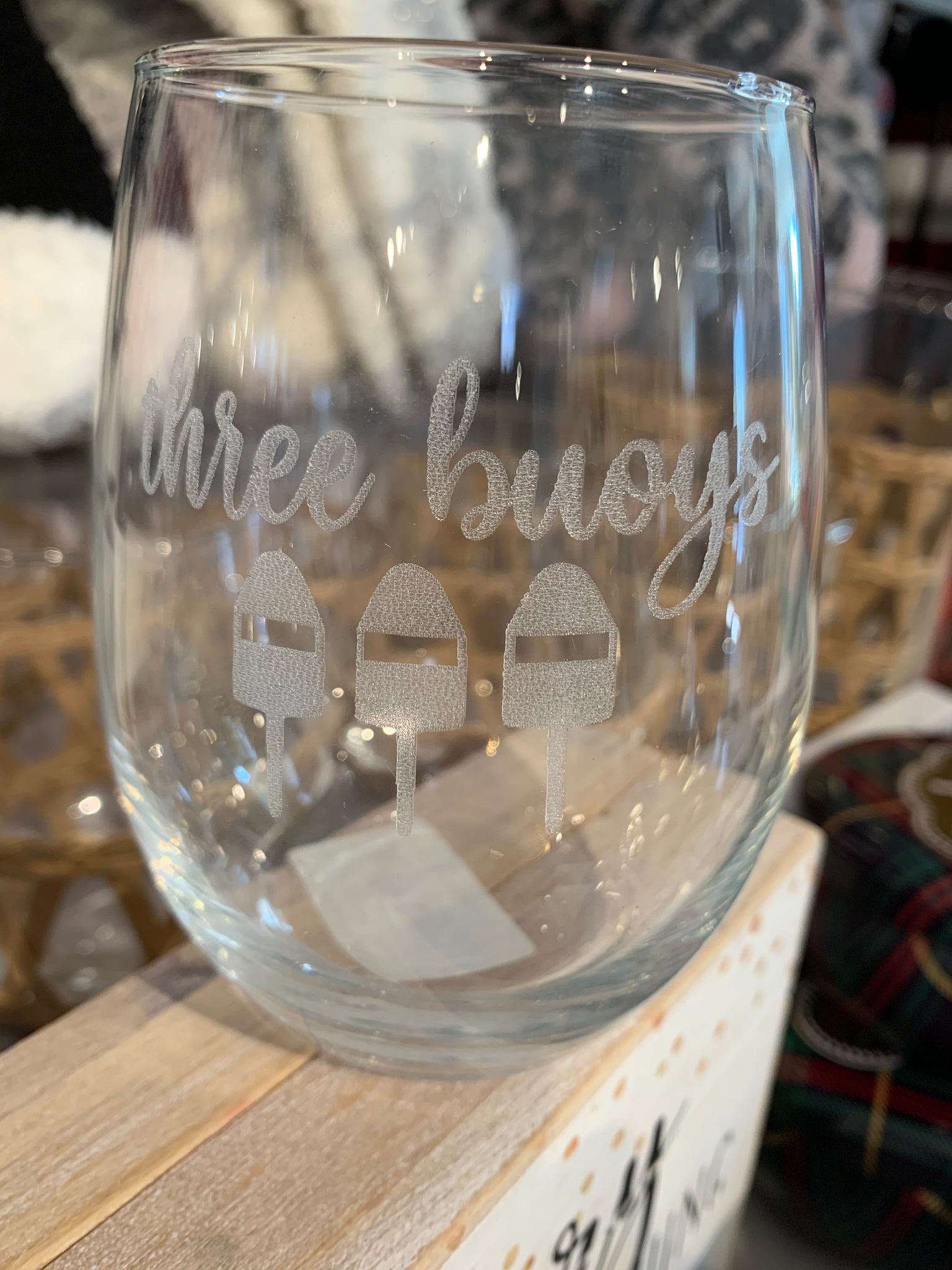 Three Buoys etched stemless wine glass
