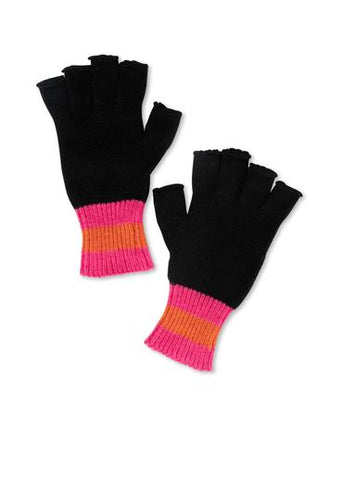 Black/ pink & orange stripes/black pom.

Acrylic/wool blend.

Faux fur pom pom