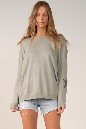 OLIVE ROUND NECK SWEATER WITH STAR