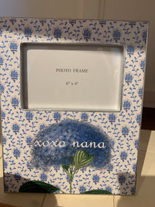 BLUE HYDRANGEA ON PROVINCIAL PRINT WITH "XOXO NANA"